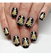 Black Press on Nails Short Square Fake Nails with Designs Gold Christmas Tree Stick on Nail Xmas ...
