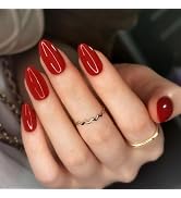 Artquee Red Almond Press on Nails Short Fake Nails Art Solid Color False Nails Glossy Reusable St...