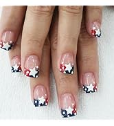 Star Press on Nails Short Square Fake Nails 4th of July False Nails with French Tip Glue on Nails...