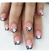 Star Press on Nails Short Square Fake Nails 4th of July False Nails with French Tip Glue on Nails...