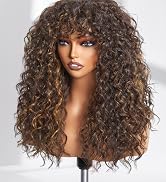GORGIUS Veralux Blend Human Hair Highlight Brown Curly Wig with Bangs Glueless Synthetic Bang Wigs
