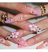 Handmade Press on Nails Long Almond Fake Nails with 3D Flower Water Ripple Pearl Designs Pink Fre...