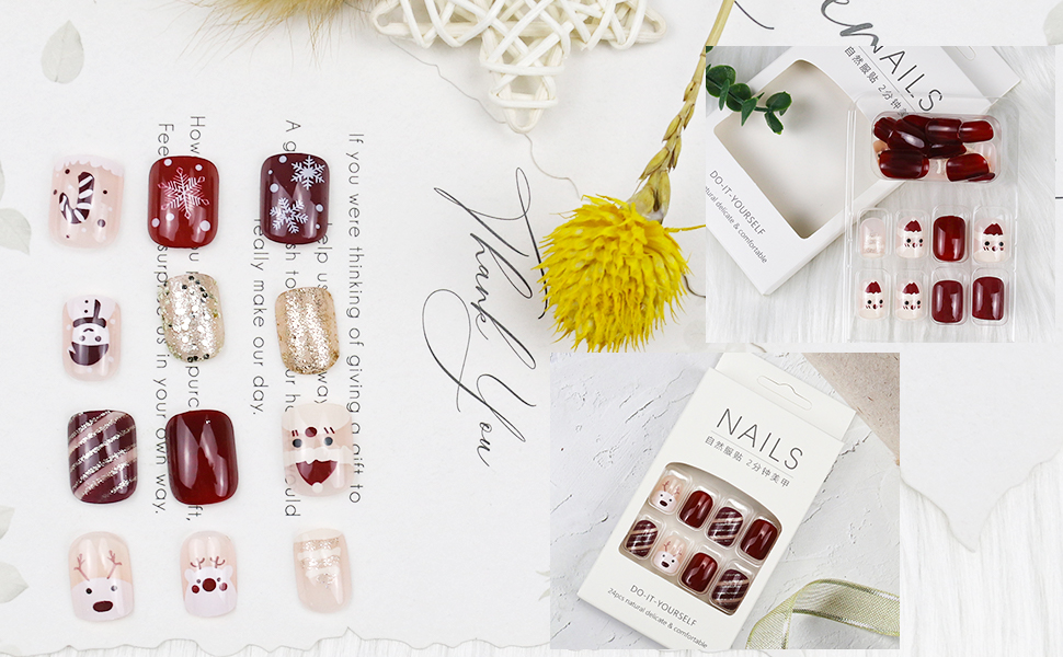 Christmas Press on Nails Medium Short Square, Elk Fake Nails with Design Red Glitter Acrylic 