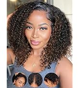 KLAIYI Ombre Brown V Part Wig Curly Human Hair Upgrade U Part Wig with Dark Roots Glueless Chestn...