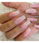 Coffin Press on Nails Medium Fake Nails Pink & White Ombre Full Cover Acrylic Nails Bling Broken ...