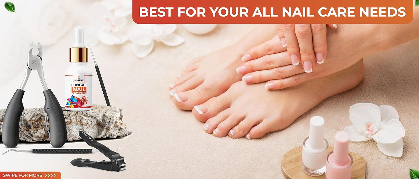 Nail care tools and supplies including clippers, bottles, and accessories arranged with orchid flowers and natural elements.