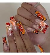 MERVF Press on Nails Long Square, Orange Black French Tip Fake Nails, 3D Flower Butterfly Glue on...