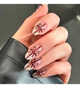 Christmas Press on Nails Medium Almond Fake Nails with Designs Rhinestone Stick on Nail Bow Acryl...