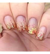 Autumn Thanksgiving False Nails Fallen Leaves Press on Nails 24Pcs Glossy Gold Glitter Acrylic Fa...