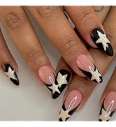 IMSOHOT Medium Almond Press on Nails French Black Fake Nails Stiletto Star False Nails with Desig...