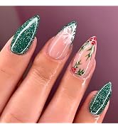 Christmas Press on Nails Medium Almond Fake Nails with Designs Snowflake Stick on Nail Green Fren...