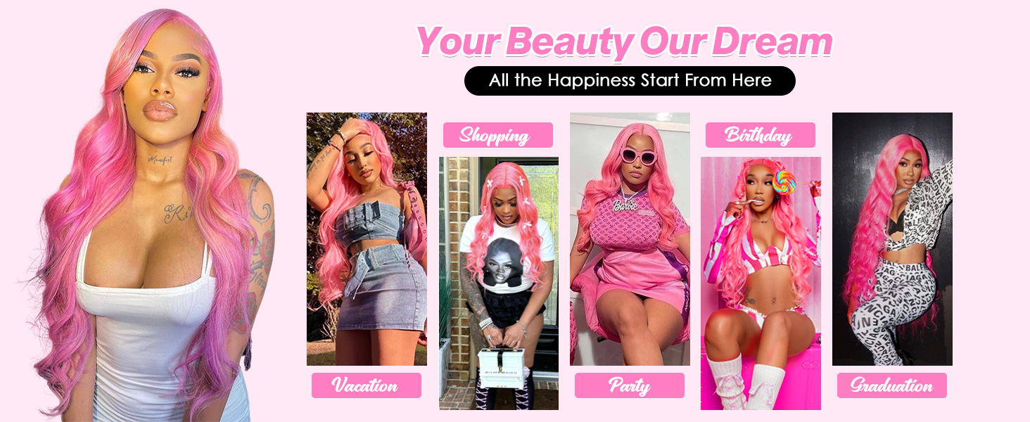 colored pink lace front wig human hair body wave wigs for women