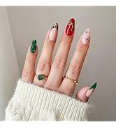 Christmas Press on Nails Medium Almond Fake Nails with Designs Bow Stick on Nail French Acrylic F...