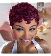 FREEKWEEN Short Curly Pixie Wig for black women human hair Burgundy Wine Red Color Short Layered ...