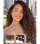 KLAIYI Ombre Brown Curly Bundles Human Hair Weaves Highlight Balayage Brown Kinky Curly 3 Bundles...