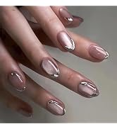 24PCS Sparkly Press on Nails Short Almond Fake Nails with Silver Edge Sparkly Design Shiny False ...