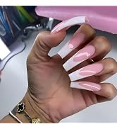 IMSOHOT Curved Press on Nails Long Square Fake Nails White French Tips False Nails with Glitter D...