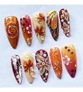 24Pcs Fall Press on Nails Long Stiletto Maple Leaf Fake Nails with Pearl Rhinestones Designs 3D F...
