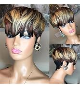 FREEKWEEN Short Pixie Cut Wig for balck women human hair Blonde Highlight None Lace front full Ma...