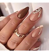 MISUD Press on Nails - Medium Almond Glue on Nails with Fall Brown, Acrylic Autumn Leaf Design 24...