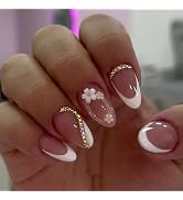 Spring Press on Nails Medium Almond Fake Nails with 3D Flower Rhinestones Pearl Designs Nude Nail...