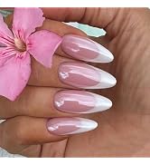 Chrome Press on Nails Almond Medium White French Tip Fake Nails Fading Red Full Cover Glossy Fals...