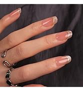 Medium Square Press On Nails – Cat Eye French Tip with Shimmer Gold Line Design, Nude Pink Glossy...
