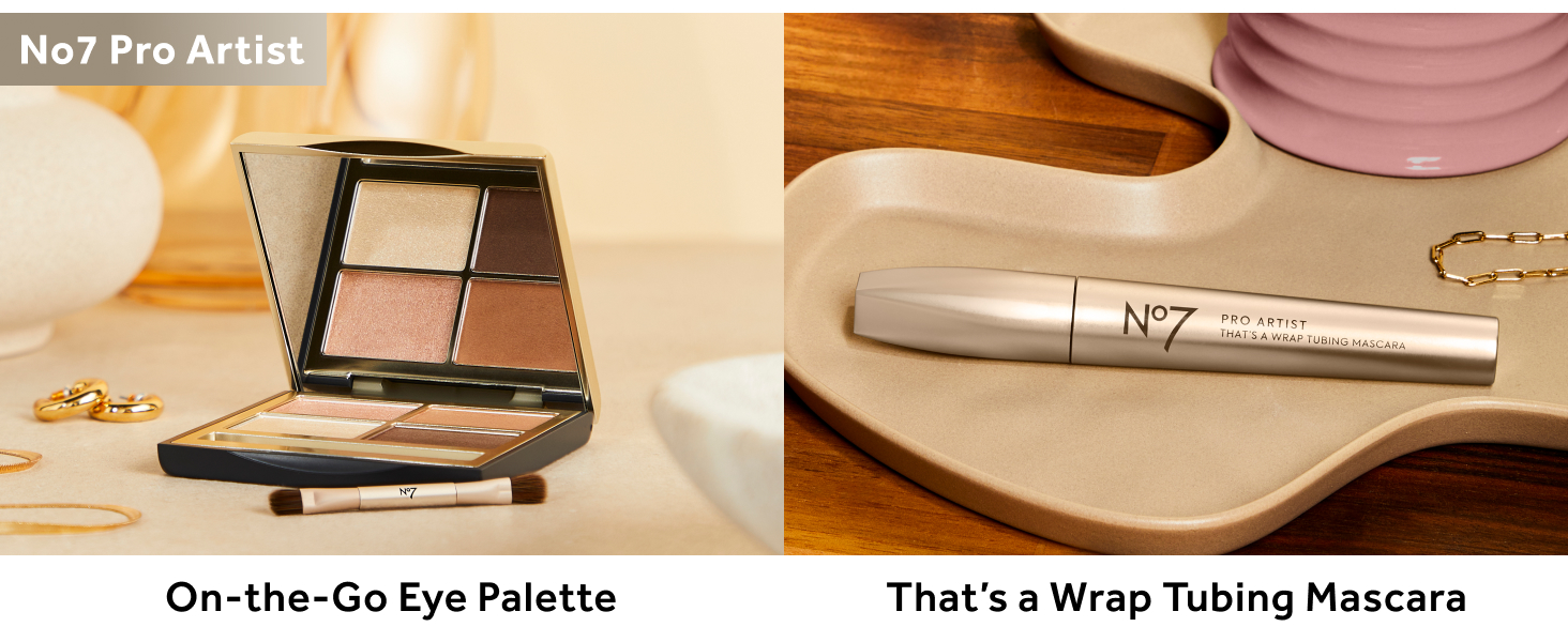 no7 pro artist on-the-go eyeshadow palette and that's a wrap tubing mascara
