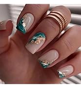 Marble Press on Nails Square Medium Fake Nails with Gold Foil Designs Full Cover False Nails Glos...