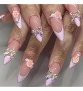 Spring Summer Press on Nails Almond Medium Fake Nails Purple French Tip Nails Press ons Glossy Gl...