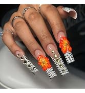 MERVF Press on Nails Long Square, White French Tip Fake Nails, 3D Orange Flower Glue ons Rhinesto...