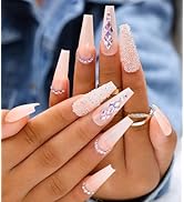 Artquee 24pcs French Nude White Ballerina Flash Diamond Crystal Long Glossy Coffin Flash Fake Nai...