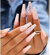 Artquee 24pcs French Nude White Ballerina Flash Diamond Crystal Long Glossy Coffin Flash Fake Nai...