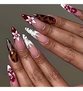 MISUD Press on Nails - Long Stiletto Fake Nails with Fall Tortoise, Acrylic Wine Red Flower Desig...
