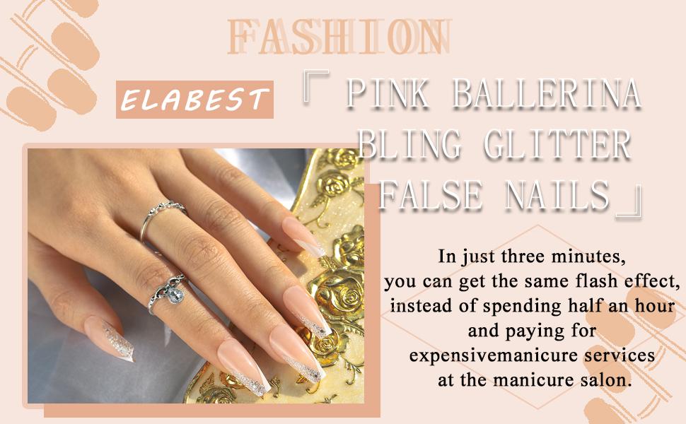 ELABEST French Ballerina False Nail Bling Pink Coffin Fake Nails Press on Acrylic Art Nail Tips