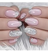 24Pcs Silver Glitter Press on Nails Medium Almond Fake Nails Silver Glitter French Tips False Nai...
