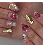 MISUD Press on Nails - Short Almond Glue on Nails with Gold Chrome, Acrylic Red Flower Design 30 pcs