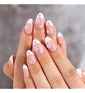 Artquee Press on Nails Short - White French Tip Press on Nails Almond with Pink Flower Designs, R...