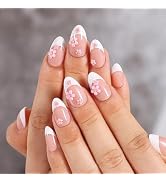 Artquee Press on Nails Short - White French Tip Press on Nails Almond with Pink Flower Designs, R...