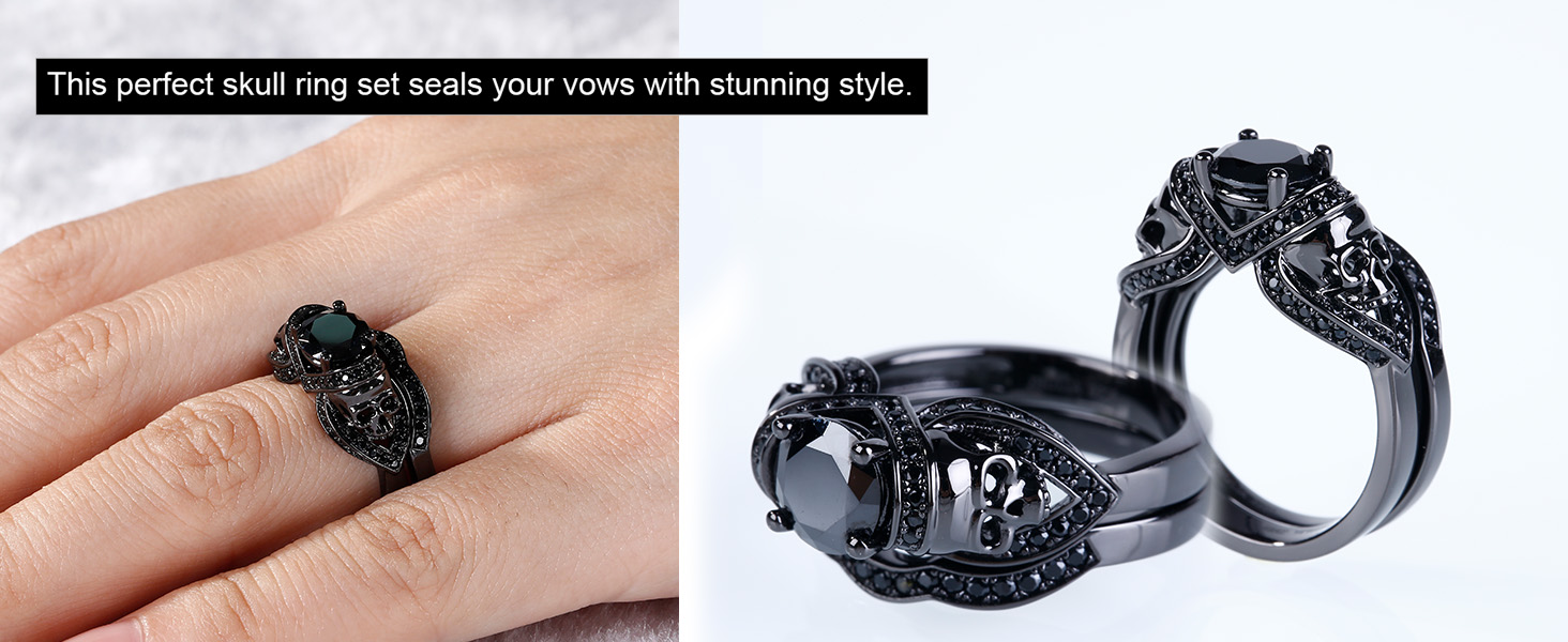 Jeulia Black Tone Round Cut Sterling Silver Skull Ring