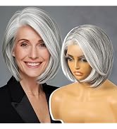 KOME Grey Synthetic Lace Front Wig,Silver Side Part Short Straight Glueless Bob Wigs for White Wo...