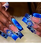 MISUD Press on Nails - Extra Long Curved Fake Nails with Handmade Blue Flower, Acrylic Cheetah De...
