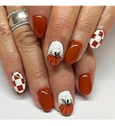 Halloween Press on Nails Short Almond Pumpkin False Nails with Designs Full Cover Fall Fake Nails...