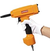 Orange Upwood pneumatic nail gun held in gloved hand. Compact design with black grip, trigger, and nozzle. Connected to air hose for powered nailing operations.