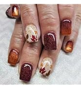 IMSOHOT Fall Press on Nails Short Square Fake Nails Brown Cat's Eye & Maple Leaf Designs Glossy A...