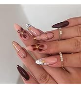 Gold Press on Nails Medium Almond False Nails with Pearl Flower Charm Design White French Tips 3D...
