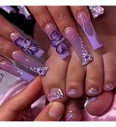 Flower Press on Nails Purple Press on Toenails Long Square Fake Nails French Tip Glue on Toenails...