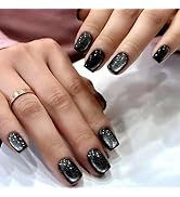 Black Press on Nails Short Square Fake Nails Glitter False Full Cover Shiny Glossy Acrylic Stick ...