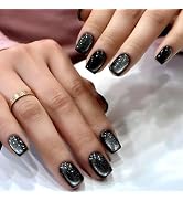 Black Press on Nails Short Square Fake Nails Glitter False Full Cover Shiny Glossy Acrylic Stick ...