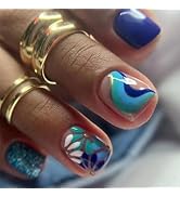 Blue Press on Nails Short Square Flower Fake Nails False Nails with Blue Swirl Curve Designs Summ...